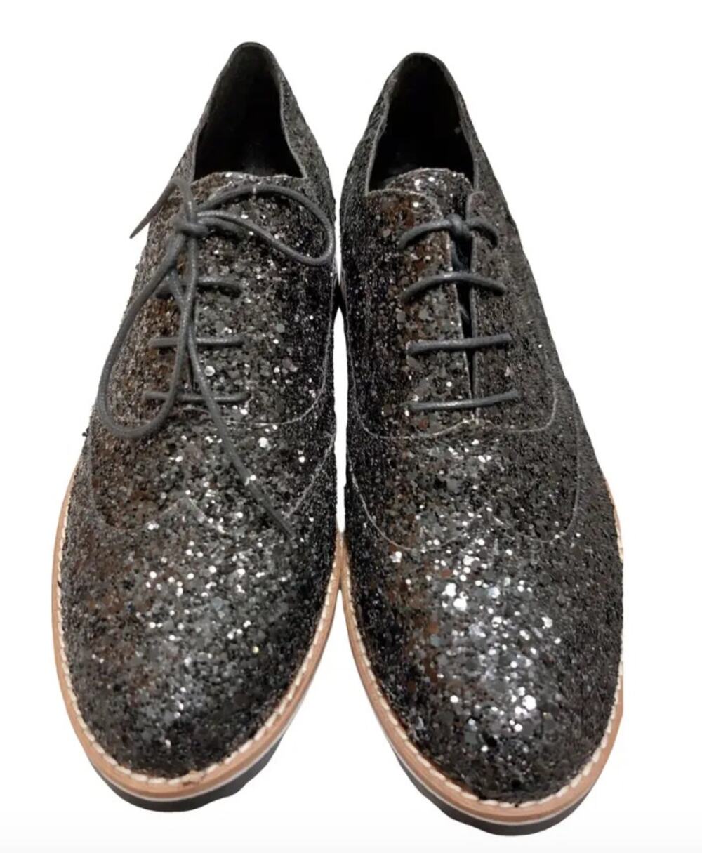 Dune London Glitter Oxford Brogues Size 40 US 9 Black Lace Up Flats Sparkle